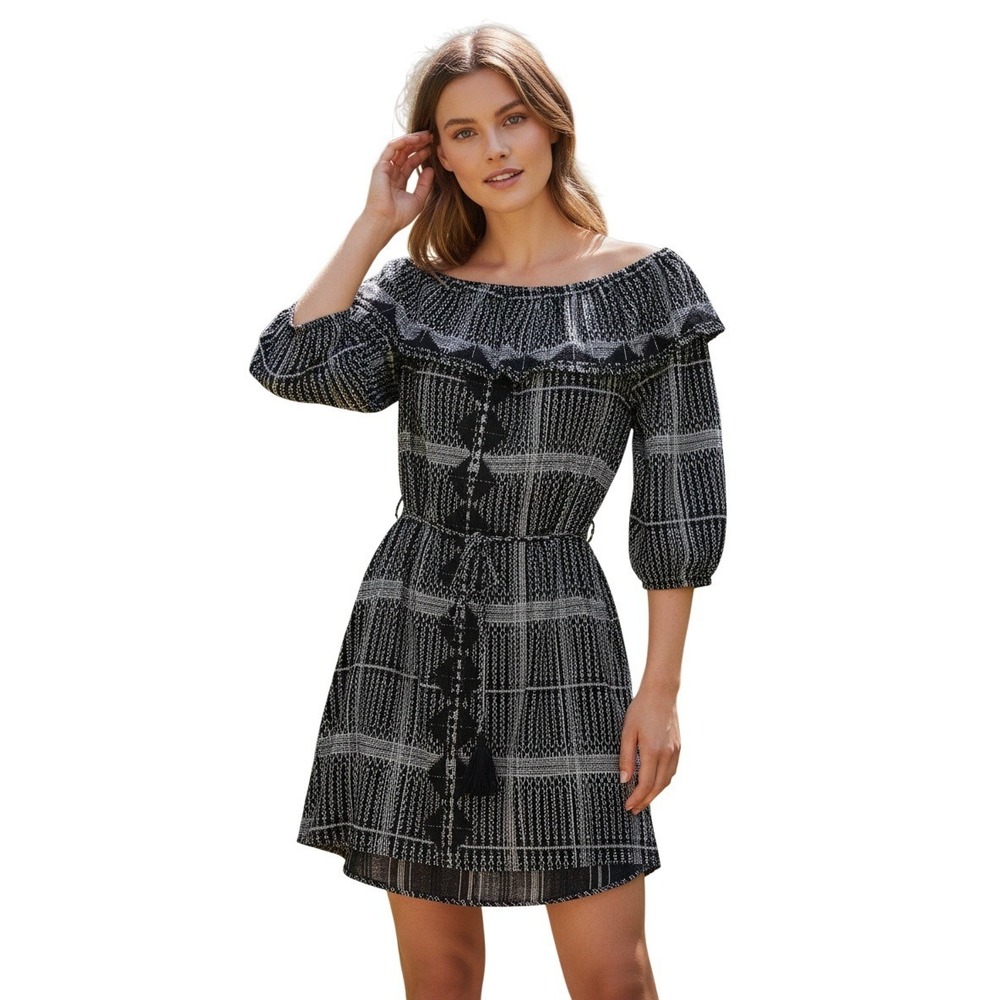 RENEE C NWT 100% Cotton Olive Plaid Off Shoulder Embroidered Tassel Mini Dress L